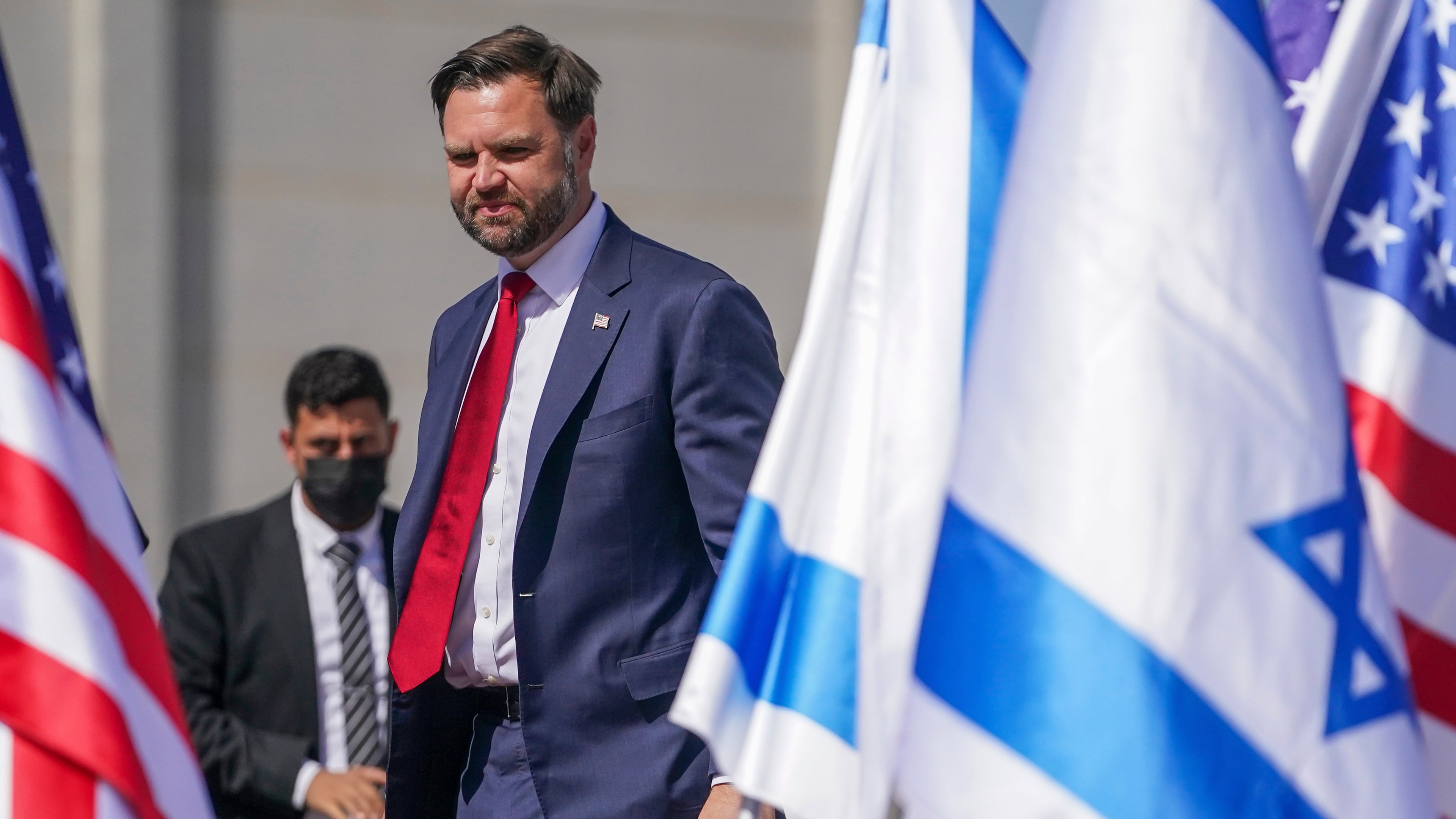 Vice President J.D. Vance arrives at Ben Gurion airport in Tel Aviv, Israel, Monday, Oct. 21, 2025. (Nathan Howard/Pool Photo via AP)
