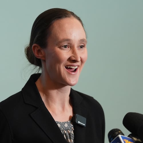 Seattle mayor-elect Katie Wilson smiles while delivering a victory speech during a news conference at the Seattle Labor Temple Thursday, Nov. 13, 2025, in Seattle. (AP Photo/Lindsey Wasson)
