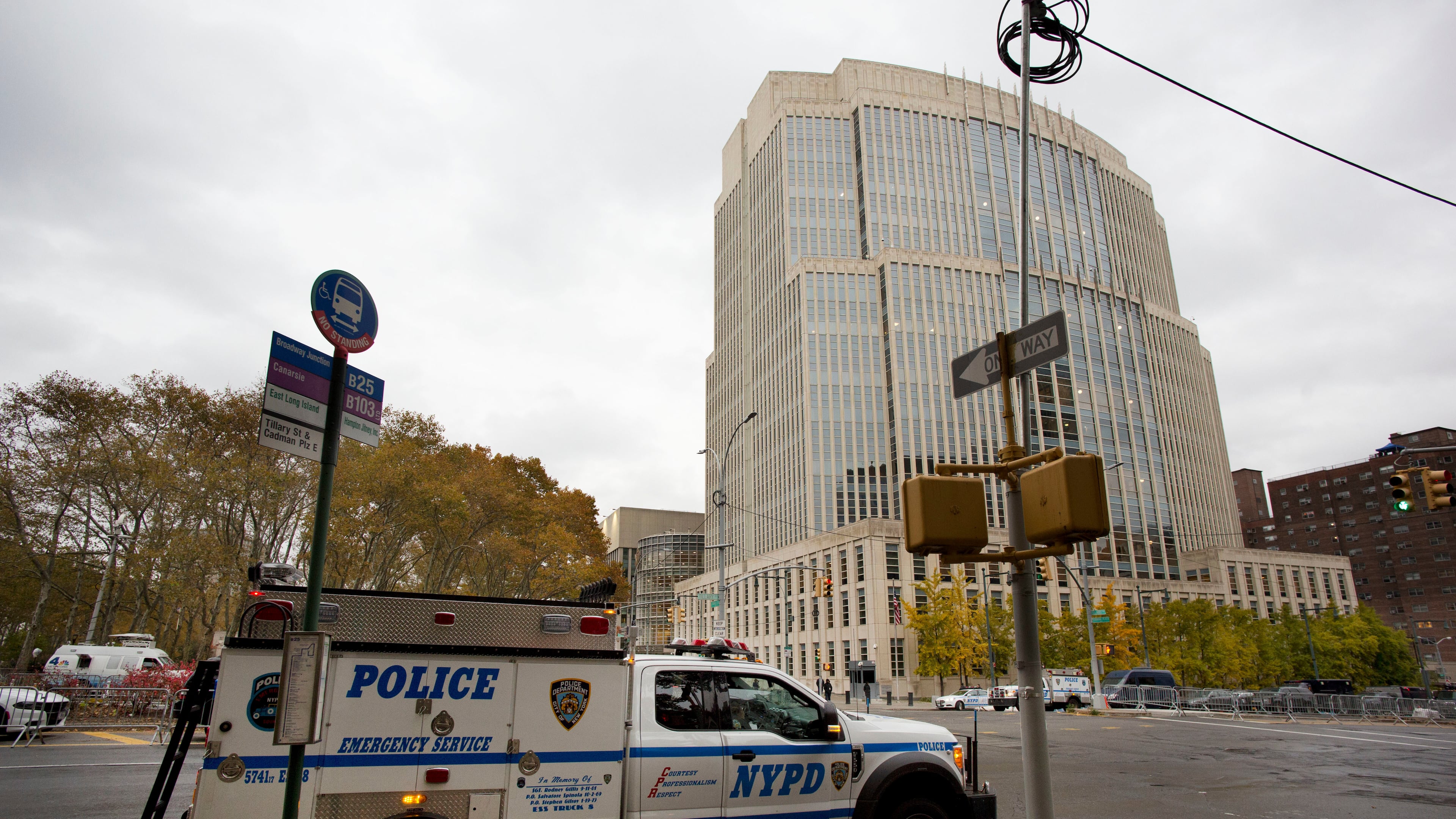 FILE - The New York Police Department has extra security in place in front of the Brooklyn Federal Courthouse for the start of jury selection in the trial of Joaquin "El Chapo" Guzman, Nov. 5, 2018, in New York. (AP Photo/Mark Lennihan, File)