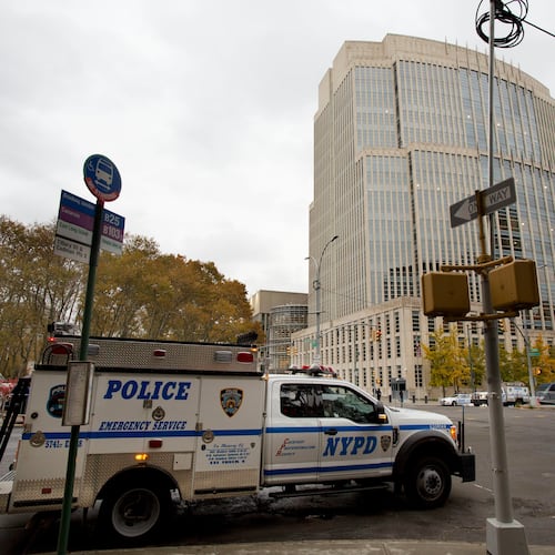 FILE - The New York Police Department has extra security in place in front of the Brooklyn Federal Courthouse for the start of jury selection in the trial of Joaquin "El Chapo" Guzman, Nov. 5, 2018, in New York. (AP Photo/Mark Lennihan, File)