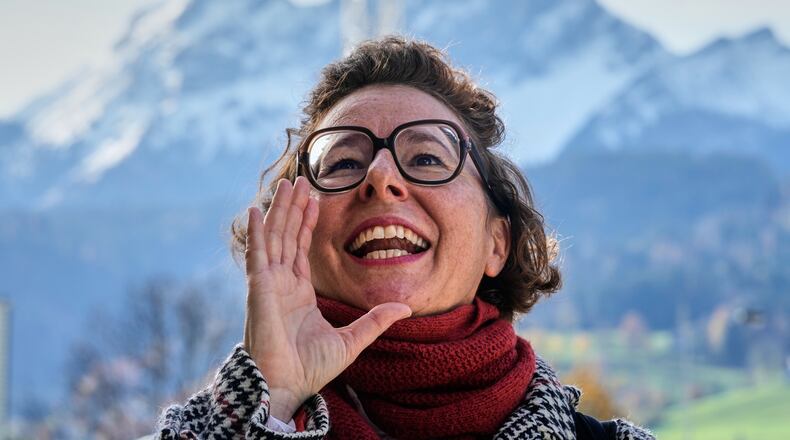 FILE - Yodel teacher Nadja Raess yodels in Lucerne, Switzerland, Oct. 29, 2025. (AP Photo/Michael Probst, File)