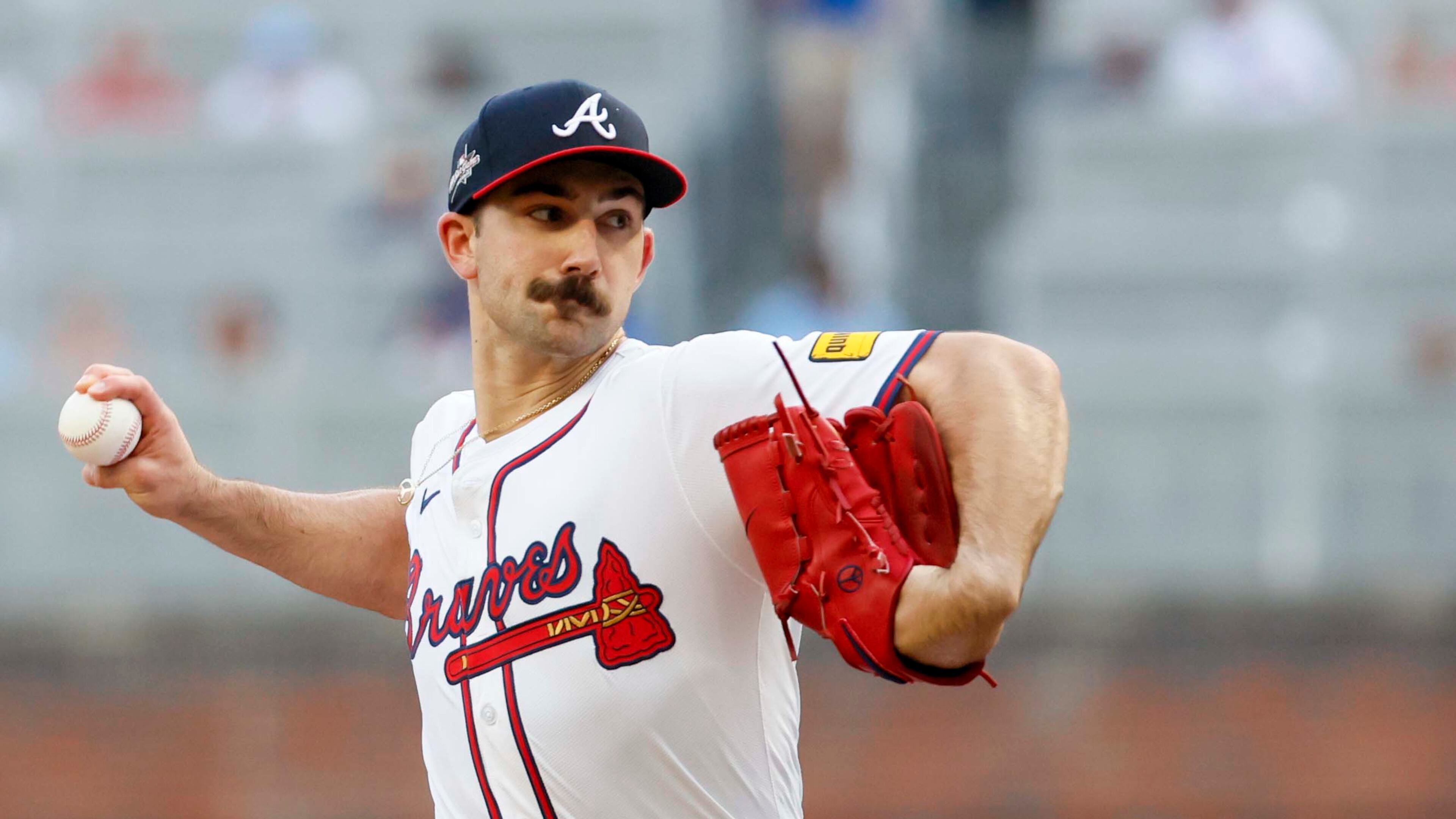 Braves starting pitcher Spencer Strider delivers against the Diamondbacks on Tuesday at Truist Park in Atlanta. Strider allowed five runs in five innings in the 8-3 loss to Arizona. (Miguel Martinez/AJC)