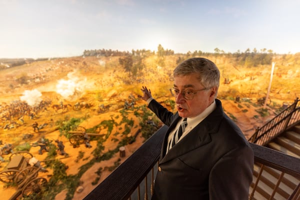 Director Sheffield Hale (pictured) speaks to AJC reporter Ernie Suggs at the Cyclorama exhibit at the Atlanta History Center in Atlanta on Wednesday, April 2, 2025. The Cyclorama is a panoramic painting of the Battle of Atlanta. (Arvin Temkar / AJC)