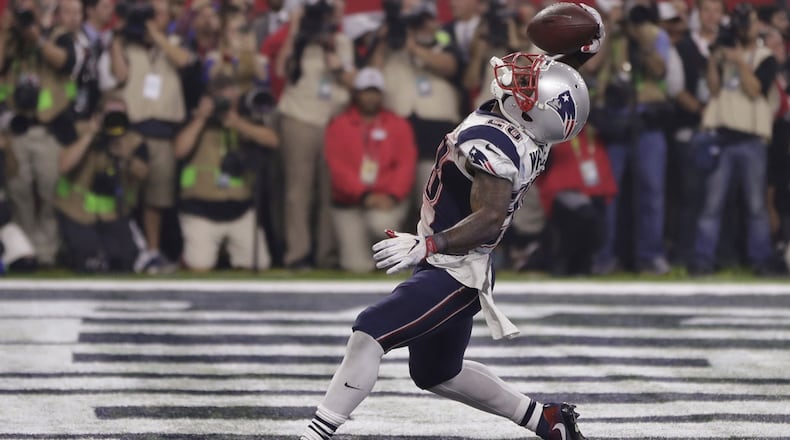 New England Patriots' James White celebrates his touchdown, during the second half of the NFL Super Bowl 51 football game against the Atlanta Falcons, Sunday, Feb. 5, 2017, in Houston. (AP Photo/Matt Slocum)