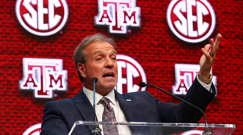 Texas A&M coach Jimbo Fisher holds his news conference on Thursday at SEC Media Days at the College Football Hall of Fame in Atlanta. (Curtis Compton / Curtis Compton@ajc.com)