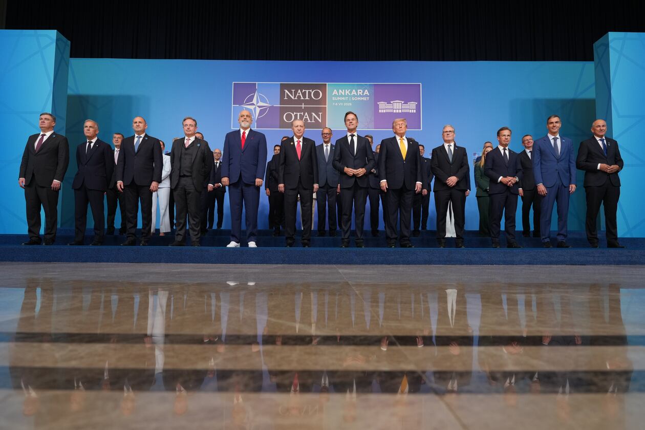 Leaders including NATO Secretary General Mark Rutte, President Donald Trump, and Turkish President Recep Tayyip Erdogan pose for a photo during the NATO summit in Ankara, Turkey, Wednesday, July 8, 2026. (AP Photo/Alex Brandon)