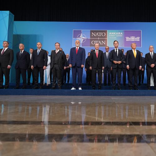 Leaders including NATO Secretary General Mark Rutte, President Donald Trump, and Turkish President Recep Tayyip Erdogan pose for a photo during the NATO summit in Ankara, Turkey, Wednesday, July 8, 2026. (AP Photo/Alex Brandon)