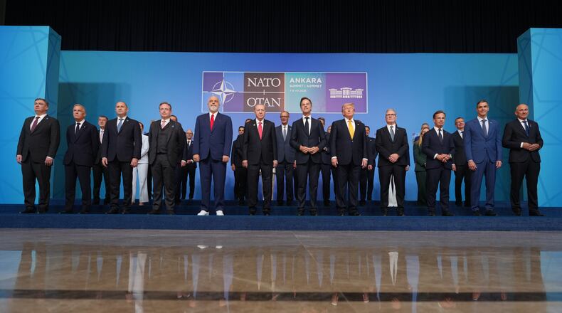 Leaders including NATO Secretary General Mark Rutte, President Donald Trump, and Turkish President Recep Tayyip Erdogan pose for a photo during the NATO summit in Ankara, Turkey, Wednesday, July 8, 2026. (AP Photo/Alex Brandon)