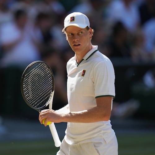 FILE - Jannik Sinner, of Italy, celebrates a point against Alexander Zverev, of Germany, in the men's singles final at Wimbledon Tennis Championships in London, July 12, 2026. (AP Photo/Kirsty Wigglesworth, File)