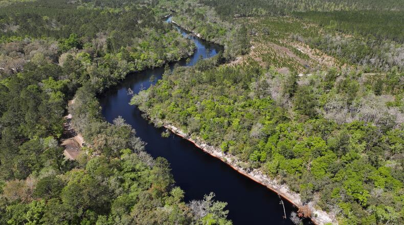 Drone photograph shows the St. Marys River, which serves as the border between Georgia (right side) and Florida (left side), Wednesday, Mar. 20, 2024. (Courtesy of Hyosub Shin / Hyosub.Shin@ajc.com)