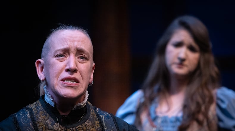 Hamlet (Mary Ruth Ralston, left) and Ophelia (Gabi Anderson) in the current staging of "Hamlet" at Shakespeare Tavern Playhouse.