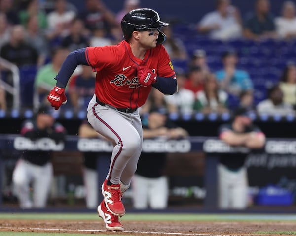 Atlanta Braves' Nick Allen runs to first base during the fifth inning of a baseball game against the Miami Marlins, Saturday, June 21, 2025, in Miami. (AP Photo/Alexandra Rodriguez)