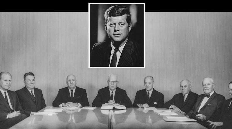 Members of the Warren Commission included (far left) President Gerald Ford when he was a U.S. representative (R-Michigan) and (third from left) U.S. Sen. Richard Russell (D-Georgia). A new documentary on the commission will be shown at 7 p.m. Oct. 5 at the Atlanta History Center. (Courtesy of the Atlanta History Center)