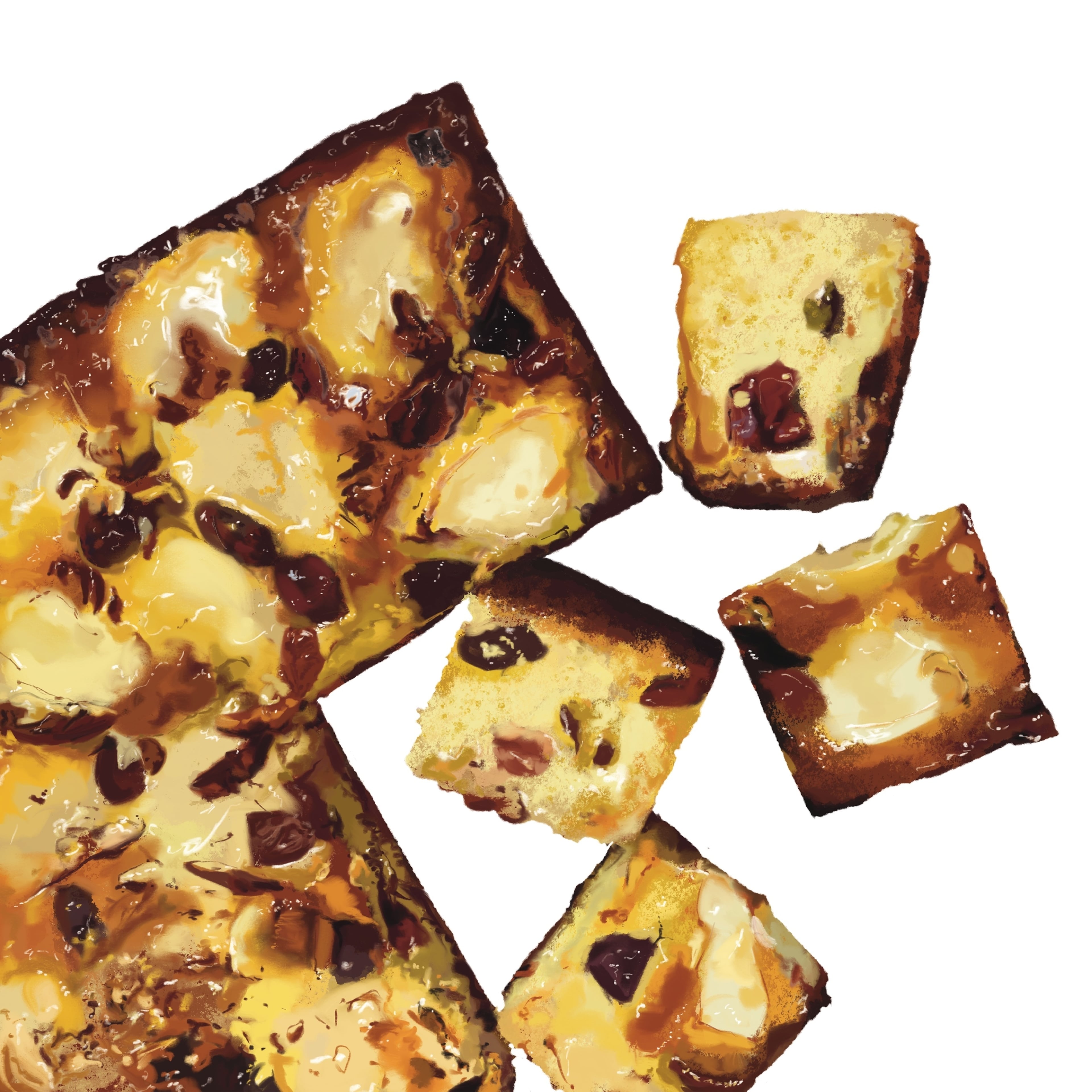 With a batter dotted with dried fruit and a topping of sliced tree fruits, grapes and nuts, Fall Harvest Cake offers delectable surprises in every bite. (Illustration by Nancy Pappas. Reprinted from “Dorie's Anytime Cakes” by Dorie Greenspan with permission by Harvest, an imprint of Harper Collins.)