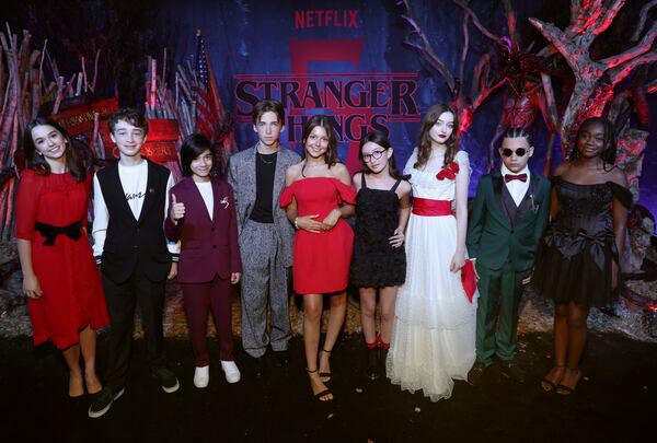 Eden Stephens, Liam Askew, Ginalucca Gazzo, Carson Minniear, Calista Craig, Birdie Borria, Olive Abercrombie, Kingston James Fletcher and Alyse Lewis attend Netflix's "Stranger Things" Season 5 World Premiere at TCL Chinese 6 Theatres on November 06, 2025 in Hollywood, California. (Photo by Phillip Faraone/Getty Images for Netflix)