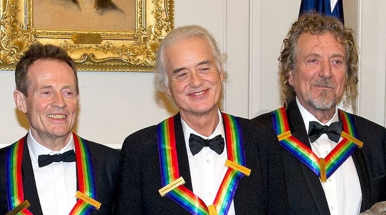 The three surviving members of the legendary British rock band Led Zeppelin, from left John Paul Jones, Jimmy Page and Robert Plant, are pictured here in Washington following a dinner for Kennedy Center honorees in 2012.