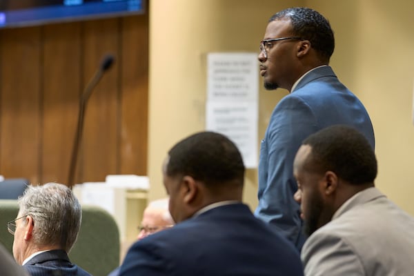 Former Memphis Police Department officer Justin Smith Jr., one of three former Memphis officers charged with fatally beating Tyre Nichols in 2023, stands in the courtroom during his trial, Monday, May 5, 2025, in Memphis, Tenn. (AP Photo/George Walker IV, Pool)