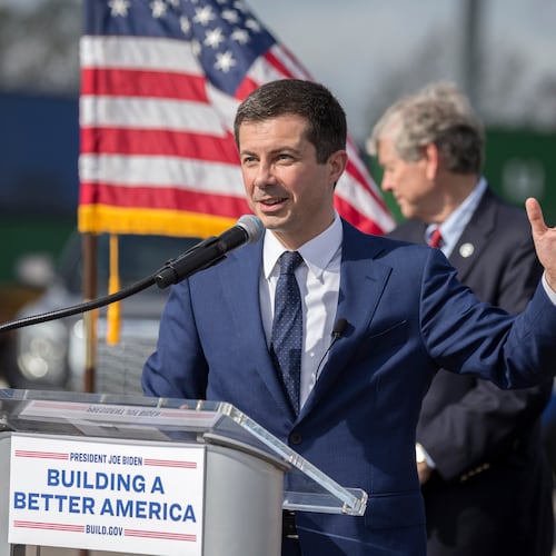 Then-U.S. Transportation Secretary Pete Buttigieg speaks to the media during his visit to Savannah in 2021. (Stephen B. Morton/AJC)