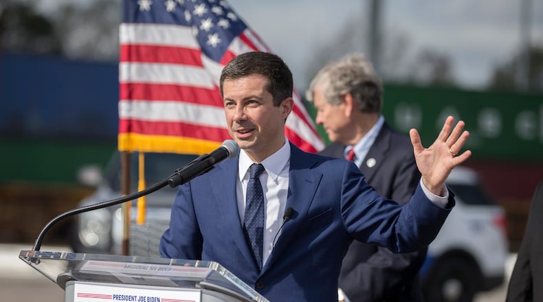 Then-U.S. Transportation Secretary Pete Buttigieg speaks to the media during his visit to Savannah in 2021. (Stephen B. Morton/AJC)