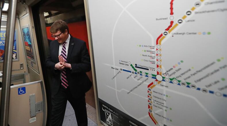 March 7, 2019 Atlanta: MARTA General Manager/CEO Jeffrey Parker boards a train at the Five Points station next to a map of the rail lines and stops during a behind the scenes tour on Thursday, March 7, 2019, in Atlanta. Curtis Compton/ccompton@ajc.com