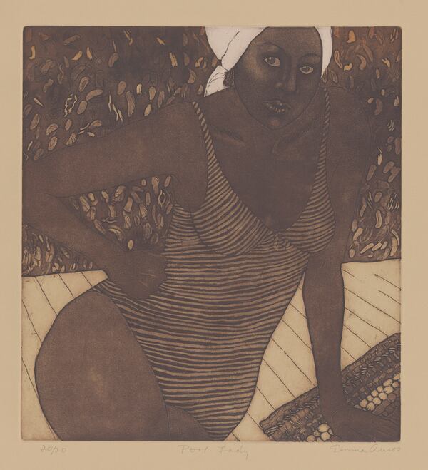 At the start of her career, Emma Amos, focused on etchings and she continued to make them even after her work turned more to works on canvas. This 1980 etching, “Pool Lady,” is part of the retrospective, "Emma Amos: Color Odyssey," which opened at the Georgia Museum of Art on Jan. 30,