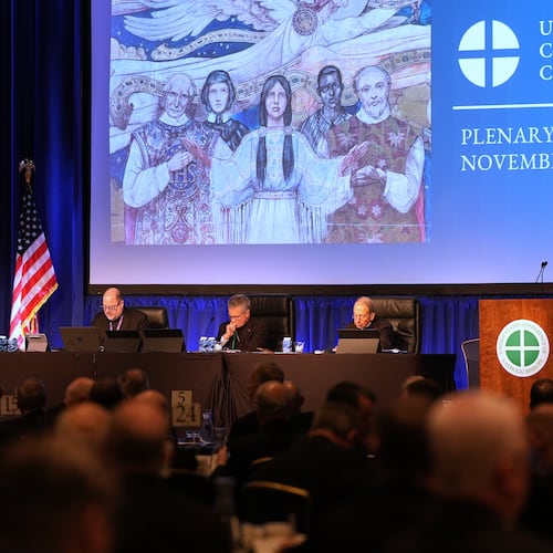 From left; Rev. Michael J.K. Fuller, Archbishop Timothy Broglio and Archbishop William Lori of Baltimore conduct the United States Conference of Catholic Bishops plenary assembly in Baltimore, Tuesday, Nov. 11, 2025. (AP Photo/Stephanie Scarbrough)