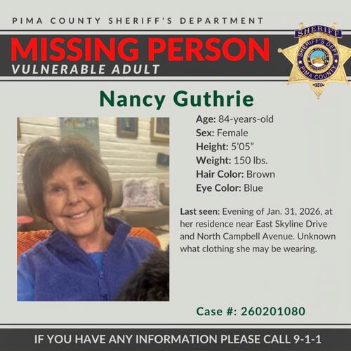 This image provided by the Pima County Sheriff’s Department, on Monday, Feb. 2, 2026, shows a missing person alert for Nancy Guthrie. (Pima County Sheriff’s Department via AP)