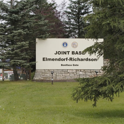 FILE - A sign marks the entrance to Joint Base Elmendorf-Richardson in Anchorage, Alaska, Wednesday, Aug. 13, 2025. (AP Photo/Mark Thiessen,File)