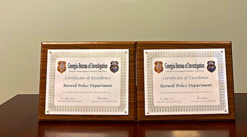For the second year in a row, RPD’s ICAC affiliate detectives have been recognized by the GBI for conducting the most “traveler” case investigations in 2022. COURTESY ROSWELL POLICE DEPARTMENT