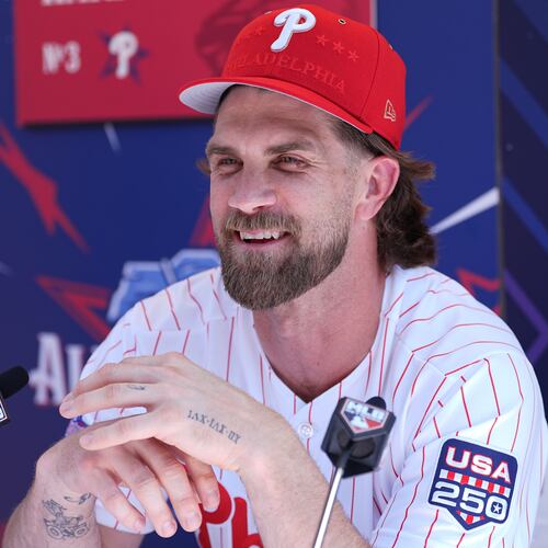 Philadelphia Phillies' Bryce Harper speaks with members of the media during the MLB baseball All-Star Week, Monday, July 13, 2026, in Philadelphia. (AP Photo/Matt Rourke)