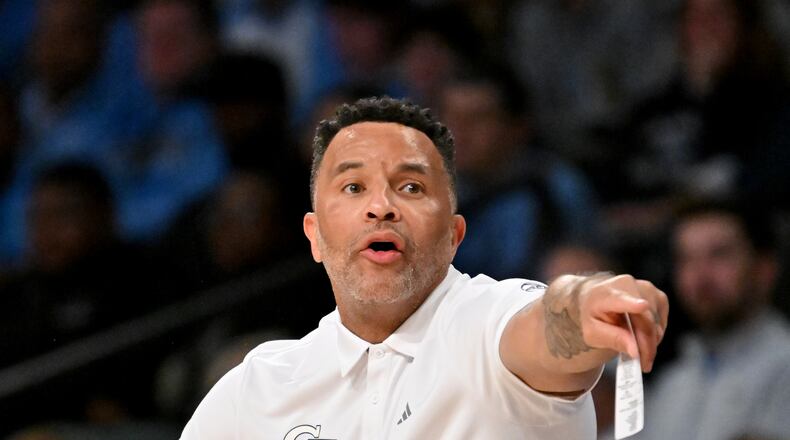 Georgia Tech head coach Damon Stoudamire shouts instructions during the second half of an NCAA college basketball game at Georgia Tech’s McCamish Pavilion, Tuesday, January 30, 2024, in Atlanta. Georgia Tech won 74-73 over North Carolina. (Hyosub Shin / Hyosub.Shin@ajc.com)