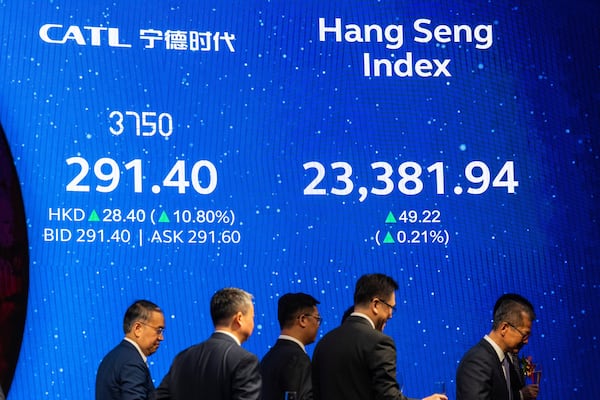 The stock prices of Contemporary Amperex Technology Co. (CATL) is displayed at the listing ceremony in Hong Kong, Tuesday, May 20, 2025. (AP Photo/Chan Long Hei)