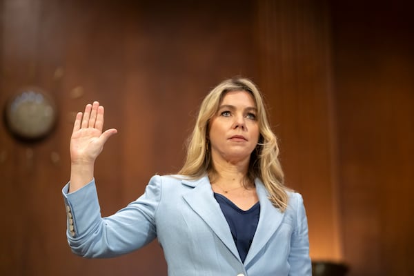 Sarah Wynn-Williams, Facebook's former director of Global Public Policy, is sworn in to testify before the Senate Judiciary Subcommittee on Crime and Counterterrorism on Capitol Hill, Wednesday, April 9, 2025, in Washington. (AP Photo/Mark Schiefelbein)