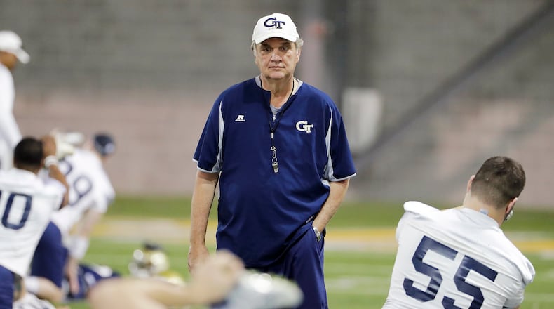 Georgia Tech head coach Paul Johnson walks through an practice in Atlanta, Monday, March 27, 2017.