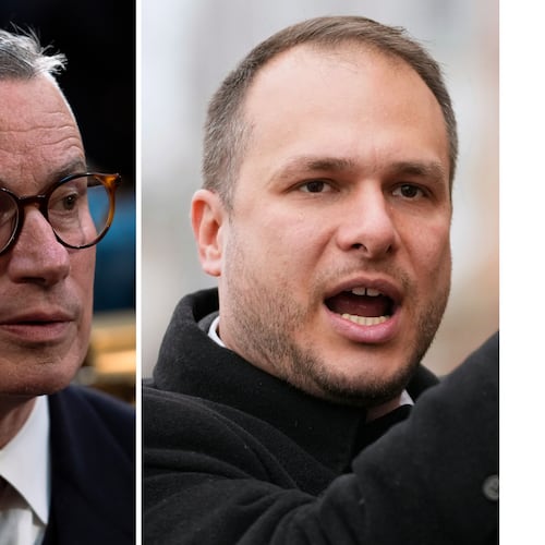 This combination image shows Jim McGreevey, left, in Trenton, N.J., Jan. 10, 2023, and James Solomon, Nov. 25, 2025, in Jersey City, N.J. (AP Photo/Matt Rourke, Frank Franklin II, file)