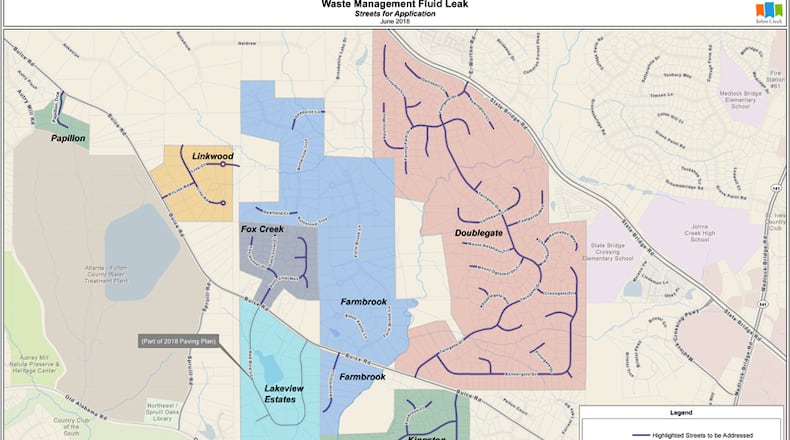 Hydraulic fuel leaking from a Waste Management truck discolored streets in these seven Johns Creek subdivisions. The company has agreed to pay the $325,960 cost to cover and seal the streets. CITY OF JOHNS CREEK