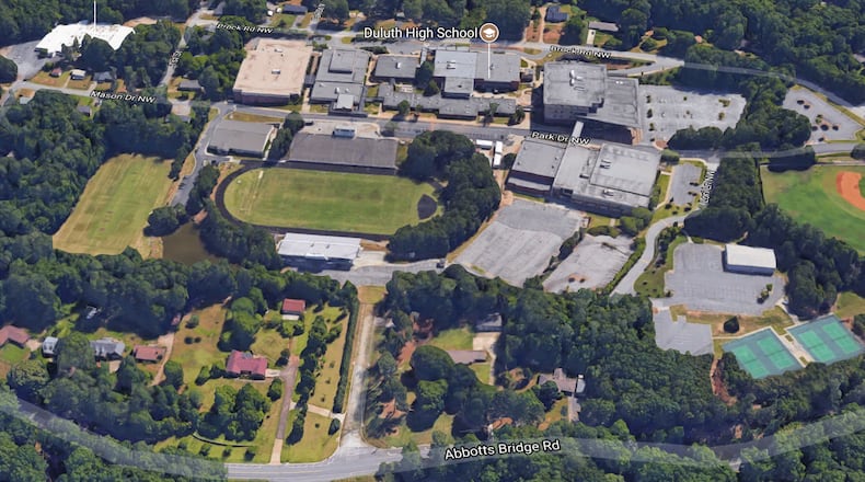 A Duluth study will determine whether installation of a traffic control signal is justified at the eventual intersection of George Rogers Avenue and State Route 120/Abbotts Bridge Road in line with the rear entrance to Duluth High School. Google Maps