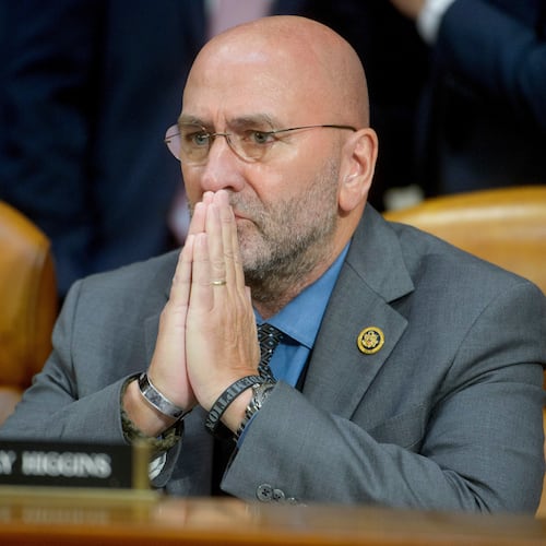 FILE - Rep. Clay Higgins, R-La., listens to witnesses at the first public hearing of a bipartisan congressional task force investigating the assassination attempts against Republican presidential nominee former President Donald Trump, on Capitol Hill in Washington, Sept. 26, 2024. (AP Photo/Rod Lamkey, Jr., File)