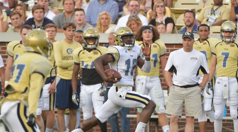 April 21, 2017 Atlanta - Georgia Tech White Team quarterback Jay Jones (13) runs during 2017 Georgia Tech Football Spring Game at Bobby Dodd Stadium on Friday, April 21, 2017. HYOSUB SHIN / HSHIN@AJC.COM