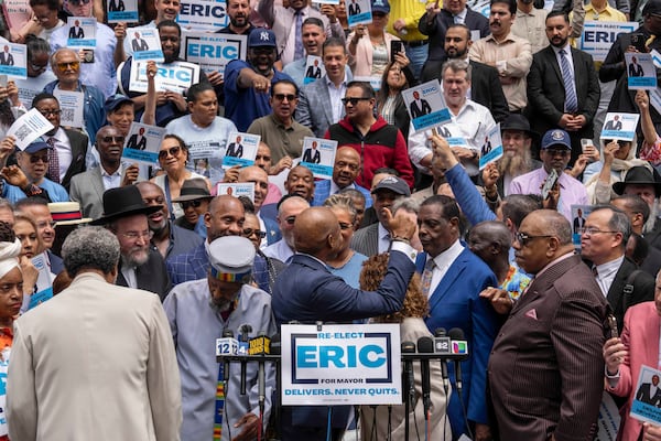 New York Mayor Eric Adams reacts as he speaks during a campaign launch rally at City Hall, Thursday, June. 26, 2025, in New York. (AP Photo/Yuki Iwamura)