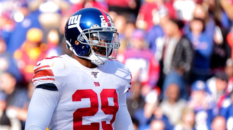 New York Giants outside linebacker Deone Bucannon stands on the field during an NFL football game against he Washington Redskins, Sunday, Dec. 22, 2019, in Landover, Md. (AP Photo/Mark Tenally)