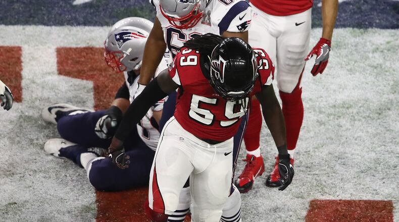 HOUSTON, TX - FEBRUARY 05: De’Vondre Campbell #59 of the Atlanta Falcons reacts after a sack of Tom Brady #12 of the New England Patriots in the second quarter during Super Bowl 51 at NRG Stadium on February 5, 2017 in Houston, Texas. (Photo by Ezra Shaw/Getty Images)