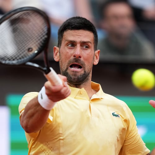 Serbia's Novak Djokovic returns the ball to Croatia's Dino Prizmic during their match at the Italian Open tennis tournament, in Rome, Friday, May 8, 2026. (AP Photo/Andrew Medichini)