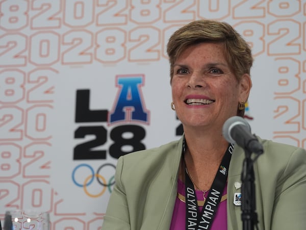 Nicole Hoevertsz, a former Olympian from Aruba who competed in synchronized swimming at the 1984 Los Angeles Olympic Games, now the IOC vice president and LA28 Coordination Commission chair, remembers her past experience competing in Los Angeles during a news conference in Los Angeles, Thursday, June 5, 2025. (AP Photo/Damian Dovarganes)