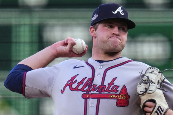 Atlanta Braves pitcher Bryce Elder delivers during the first inning of a baseball game against the Pittsburgh Pirates in Pittsburgh, Friday, May 9, 2025. (AP Photo/Gene J. Puskar)