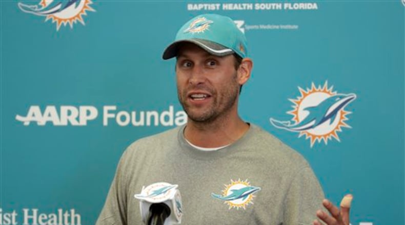 Miami Dolphins head coach Adam Gase responds to a question at NFL football training camp, Monday, Aug. 1, 2016 in Davie, Fla. (AP Photo/Lynne Sladky)