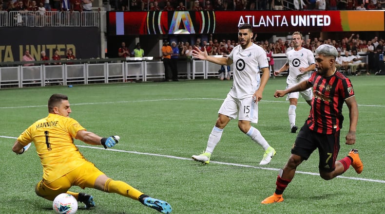 August 27, 2019 Atlanta: Atlanta United forward Josef Martinez is ruled offsides on a goal past Minnesota United goalkeeper Vito Mannone in a 2-1 Atlanta United victory to win the U.S. Open Cup on Tuesday, August 27, 2019, in Atlanta.  Curtis Compton/ccompton@ajc.com
