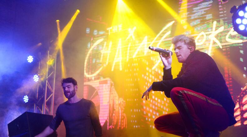 Alex Pall (L) and Andrew Taggart of The Chainsmokers perform onstage at the Fanatics Super Bowl Party on February 3, 2018 in Minneapolis, Minnesota.