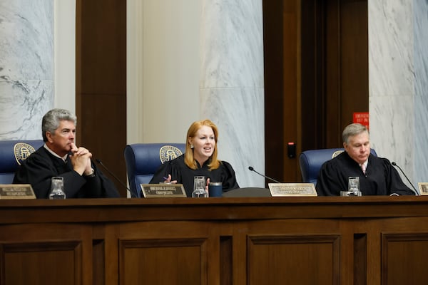 Georgia Supreme Court Justice Sarah Hawkins Warren (center) responds to arguments from attorneys during a hearing. (Miguel Martinez/AJC)