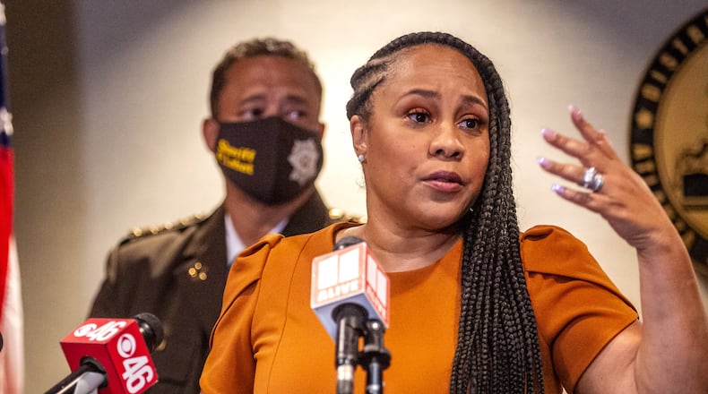Fulton County District Attorney Fani T. Willis speaks at a press conference at the Fulton County Courthouse in Atlanta Thursday, August 5, 2021. STEVE SCHAEFER FOR THE ATLANTA JOURNAL-CONSTITUTION